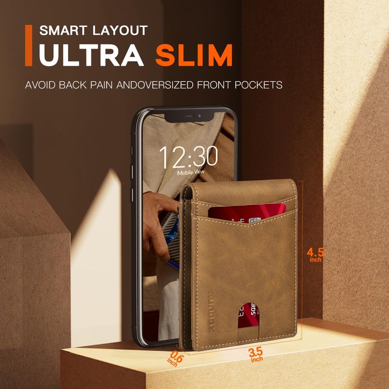 RUNBOX Wallet for Men Slim Leather Bifold RFID Blocking Minimalist Front Pocket Design with Gift Box - Image 5